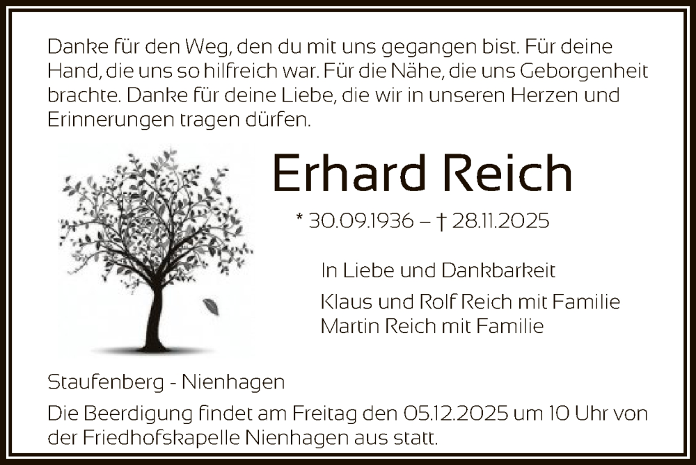  Traueranzeige für Erhard Reich vom 03.12.2025 aus HNAHNA