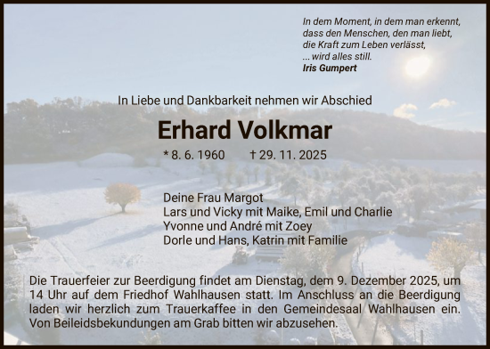 Traueranzeige von Erhard Volkmar von HNA
