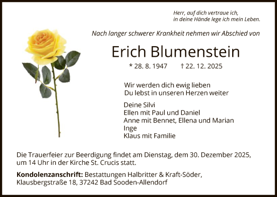 Traueranzeige von Erich Blumenstein von HNA