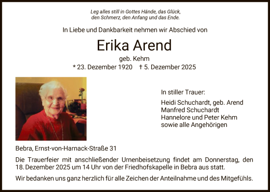Traueranzeige von Erika Arend von HNA