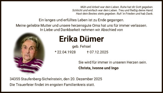 Traueranzeige von Erika Dümer von HNA