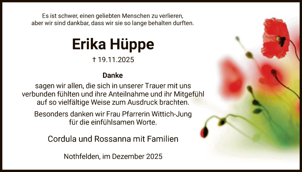  Traueranzeige für Erika Hüppe vom 13.12.2025 aus HNA
