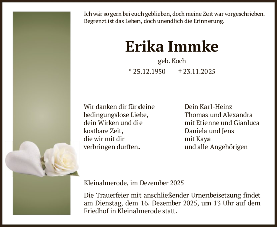 Traueranzeige von Erika Immke von HNA