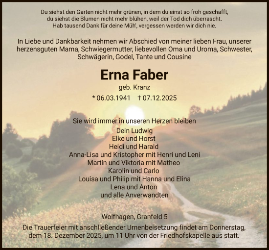 Traueranzeige von Erna Faber von HNA