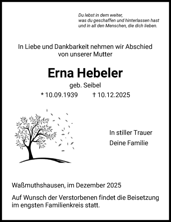 Traueranzeige von Erna Hebeler von HNA
