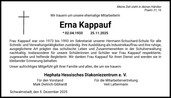 Traueranzeige von Erna Kappauf von HNA