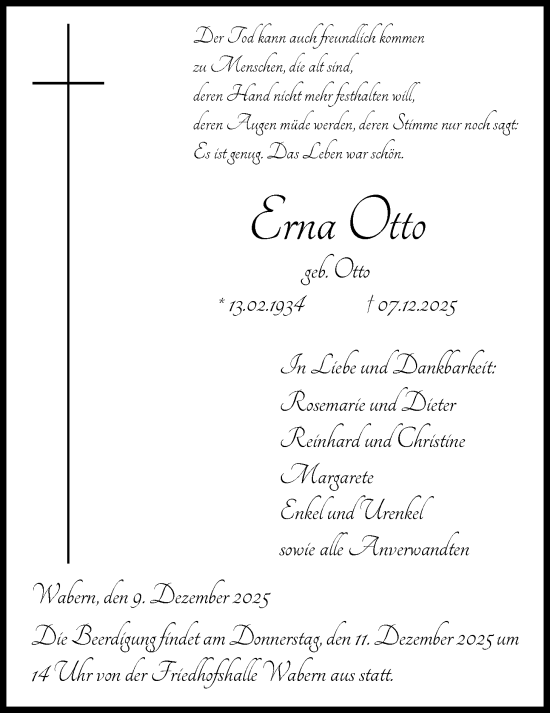Traueranzeige von Erna Otto von HNA