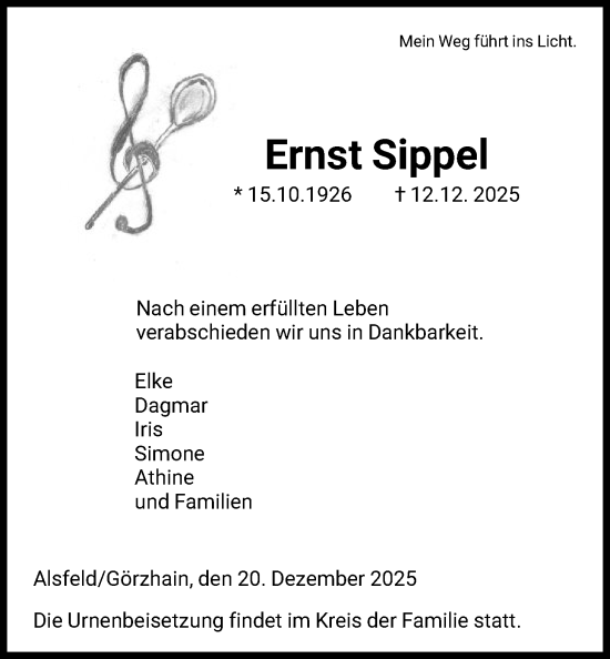 Traueranzeige von Ernst Sippel von HNA