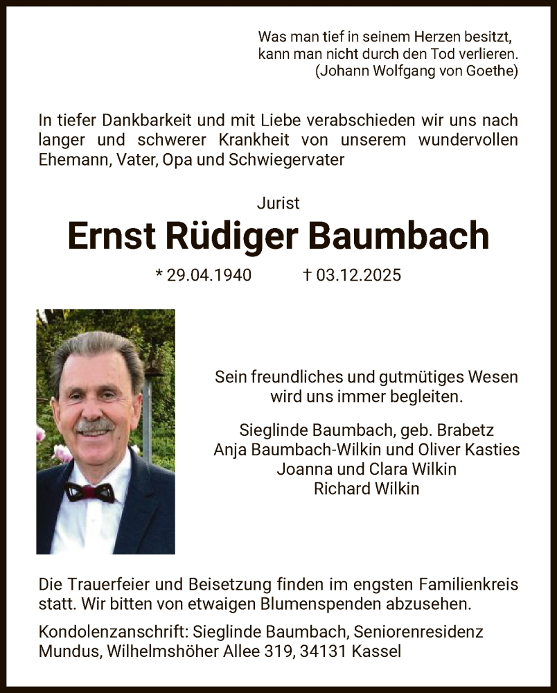  Traueranzeige für Ernst Rüdiger Baumbach vom 13.12.2025 aus HNA