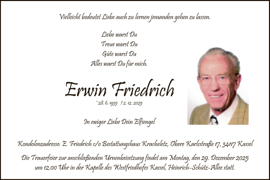 Traueranzeige von Erwin Friedrich von HNA