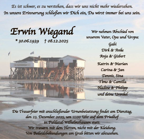 Traueranzeige von Erwin Wiegand von HNA