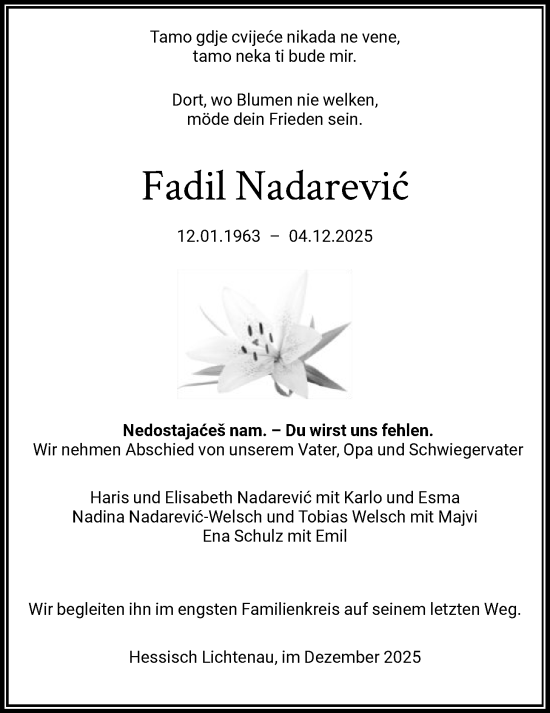Traueranzeige von Fadil Nadarevic von HNAHNA