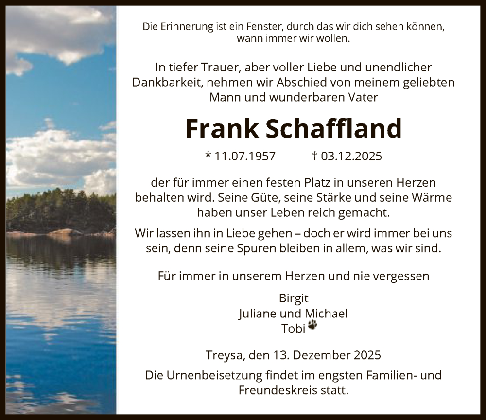  Traueranzeige für Frank Schaffland vom 13.12.2025 aus HNA