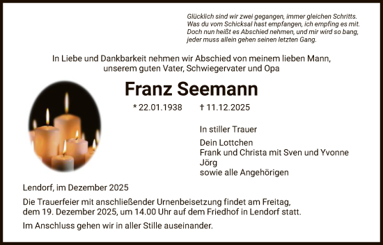 Traueranzeige von Franz Seemann von HNA