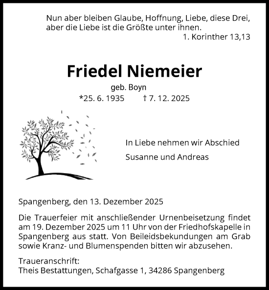 Traueranzeige von Friedel Niemeier von HNA