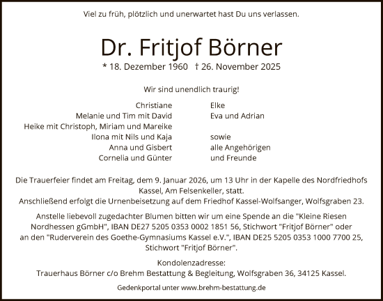 Traueranzeige von Fritjof Börner von HNAHNA