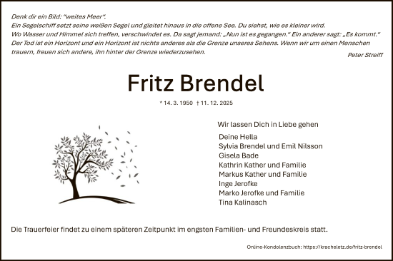 Traueranzeige von Fritz Brendel von HNAHNA