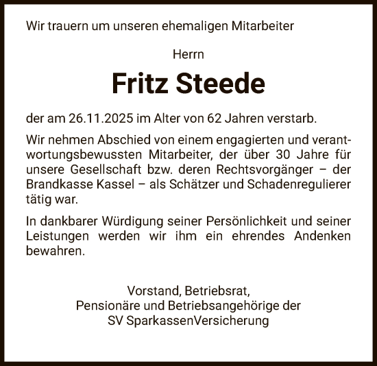 Traueranzeige von Fritz Steede von HNAHNA
