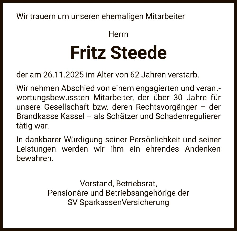  Traueranzeige für Fritz Steede vom 13.12.2025 aus HNAHNA