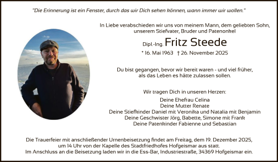 Traueranzeige von Fritz Steede von HNAHN