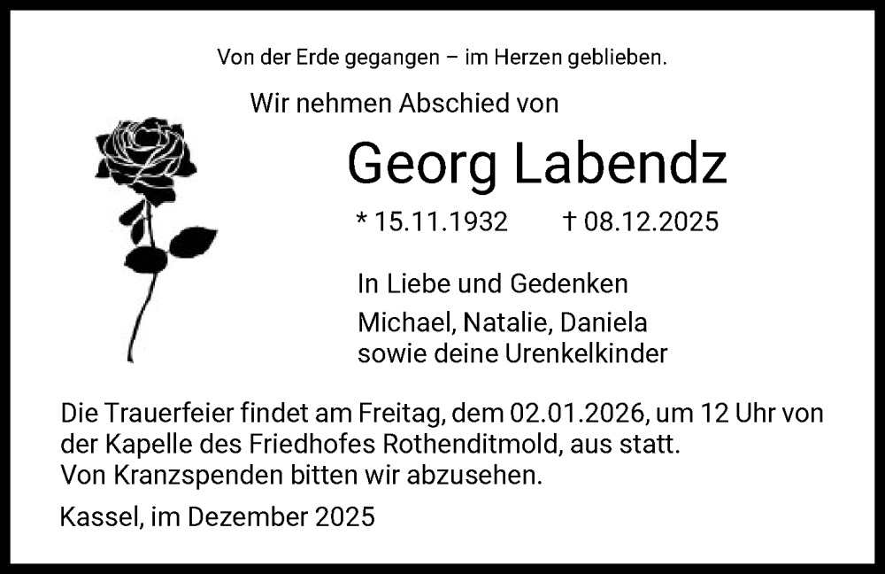  Traueranzeige für Georg Labendz vom 27.12.2025 aus HNA