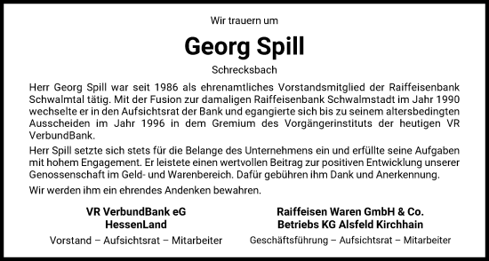 Traueranzeige von Georg Spill von HNA