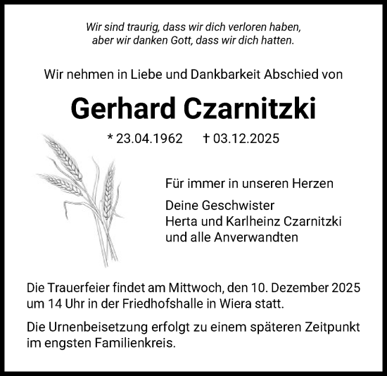 Traueranzeige von Gerhard Czarnitzki von HNA