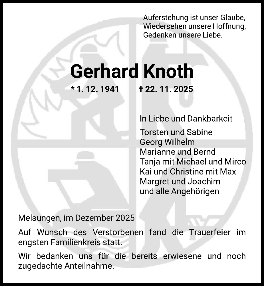 Traueranzeige für Gerhard Knoth vom 06.12.2025 aus HNA