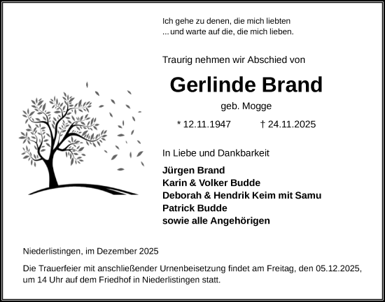Traueranzeige von Gerlinde Brand von HNA