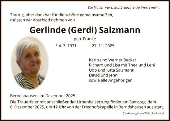 Traueranzeige von Gerlinde Salzmann von HNA