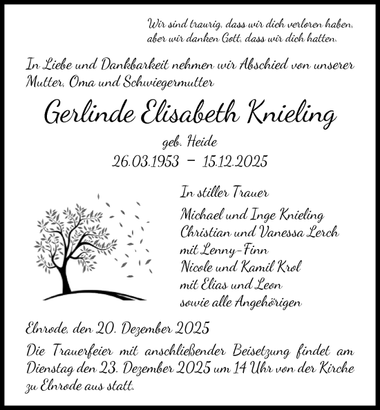 Traueranzeige von Gerlinde Elisabeth Knieling von HNAHNA