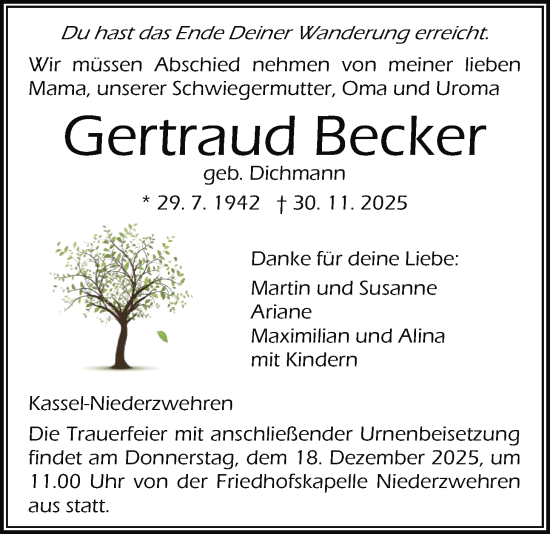 Traueranzeige von Gertraud Becker von HNA