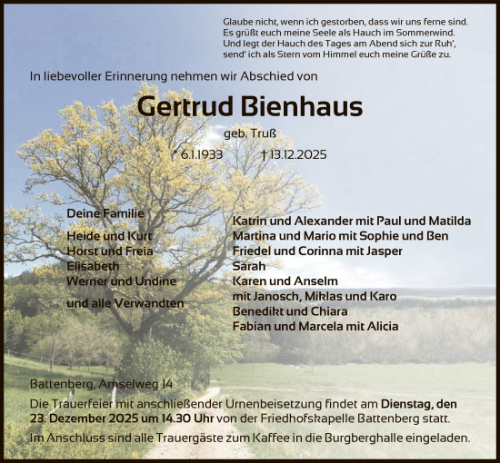Traueranzeige von Gertrud Bienhaus von HNA