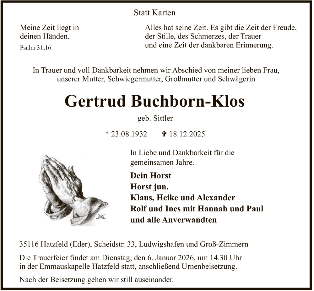 Traueranzeige für Gertrud Buchborn-Klos vom 30.12.2025 aus HNA