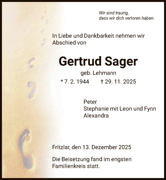 Traueranzeige von Gertrud Sager von HNA