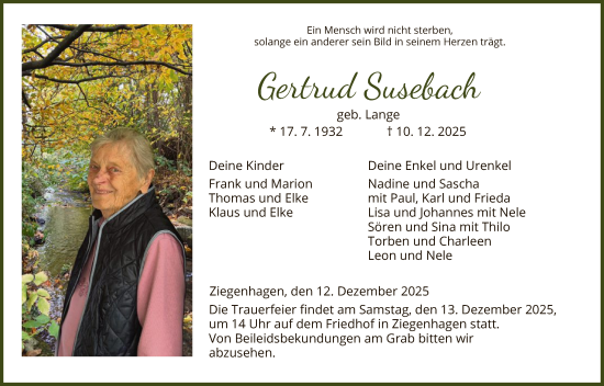 Traueranzeige von Gertrud Susebach von HNAWRS