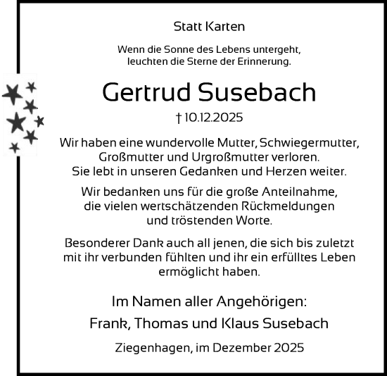 Traueranzeige von Gertrud Susebach von HNAWRS