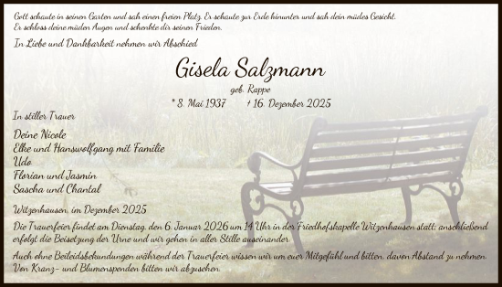 Traueranzeige von Gisela Salzmann von HNA
