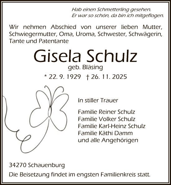 Traueranzeige von Gisela Schulz von HNA