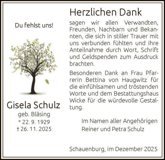 Traueranzeige von Gisela Schulz von HNA