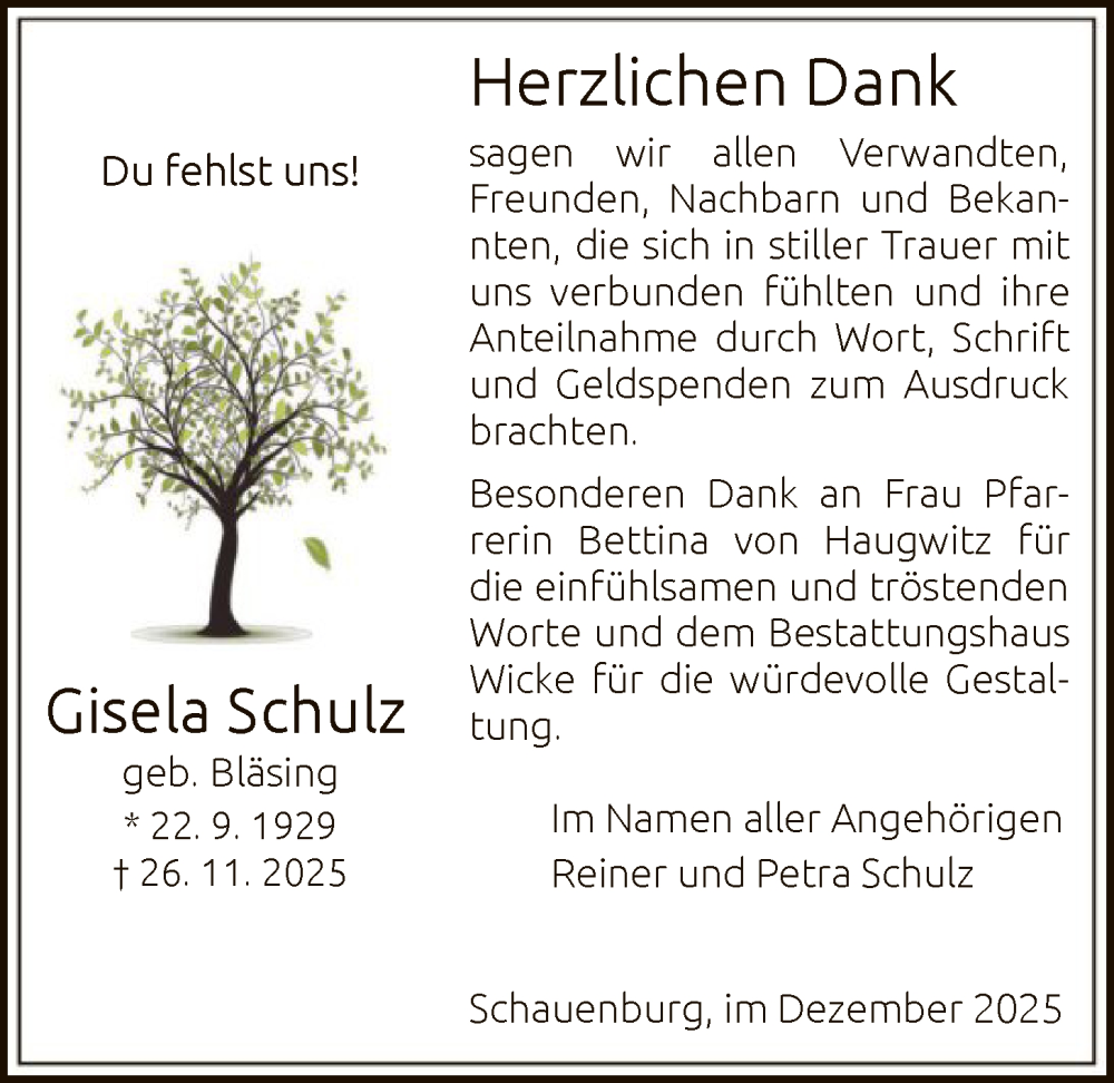  Traueranzeige für Gisela Schulz vom 27.12.2025 aus HNA