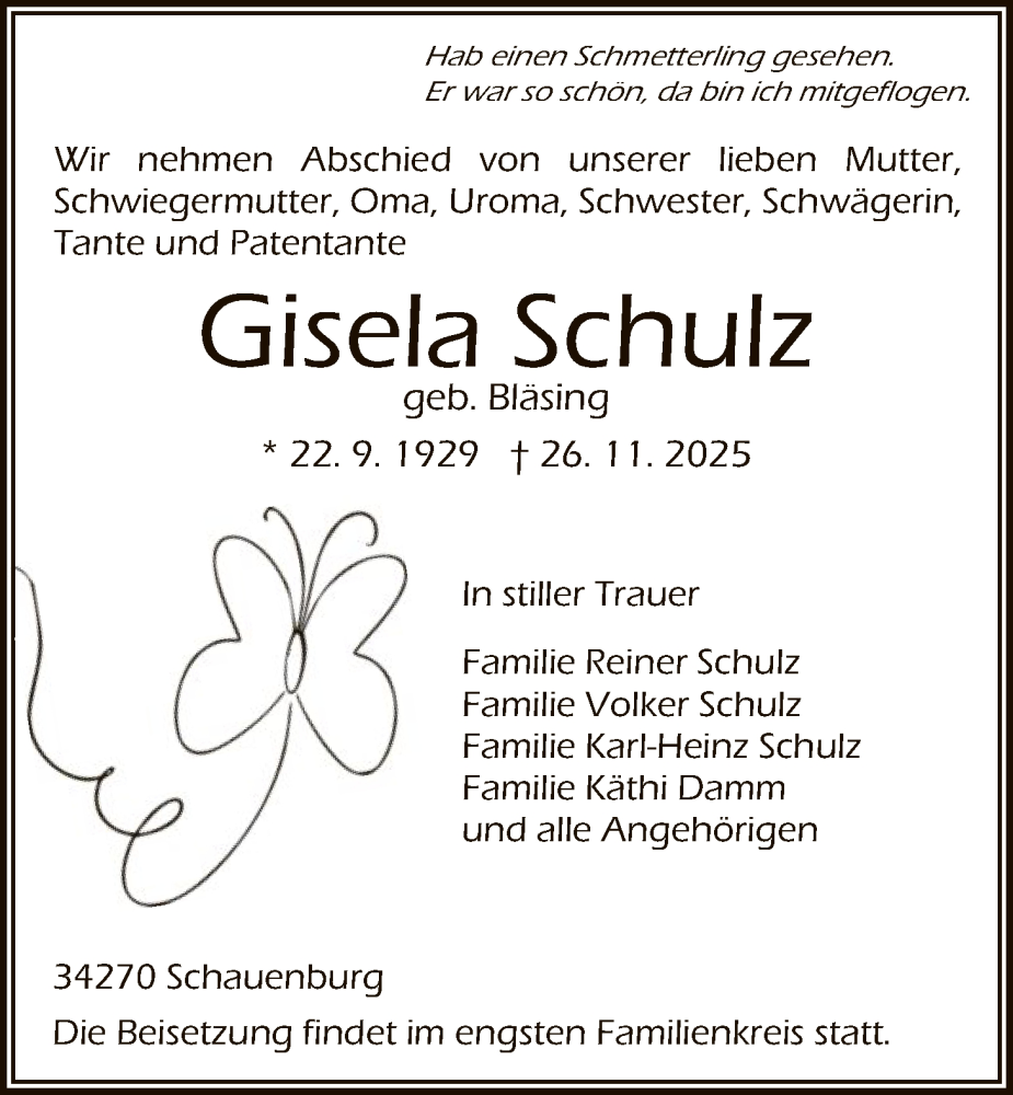  Traueranzeige für Gisela Schulz vom 06.12.2025 aus HNA