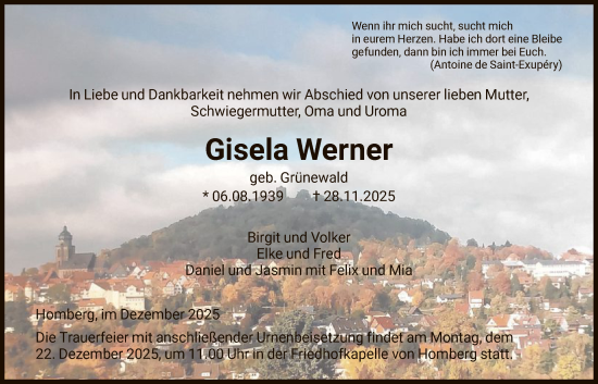 Traueranzeige von Gisela Werner von HNA
