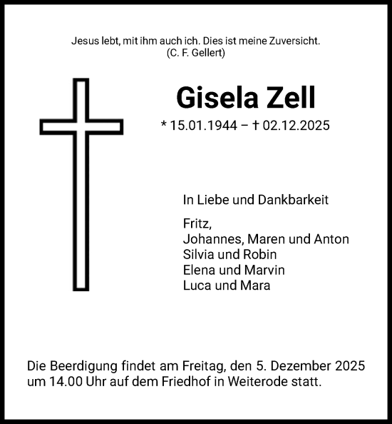 Traueranzeige von Gisela Zell von HNA