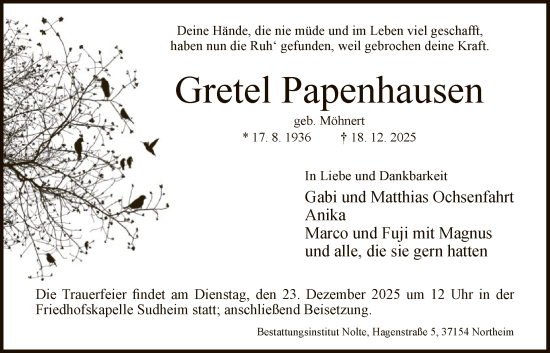 Traueranzeige von Gretel Papenhausen von HNA