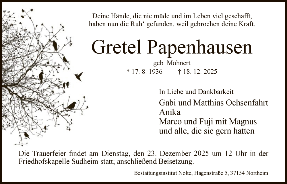  Traueranzeige für Gretel Papenhausen vom 20.12.2025 aus HNA