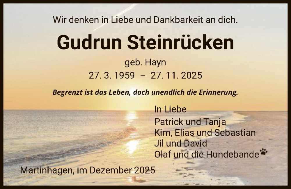  Traueranzeige für Gudrun Steinrücken vom 09.12.2025 aus HNA