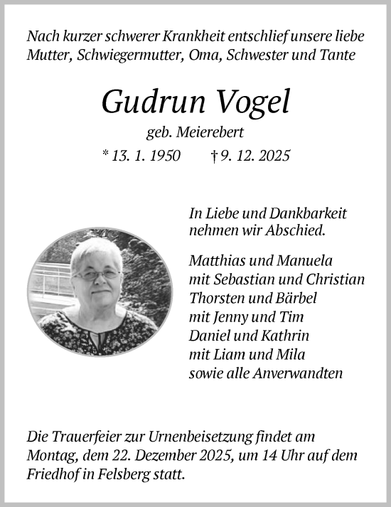 Traueranzeige von Gudrun Vogel von HNA