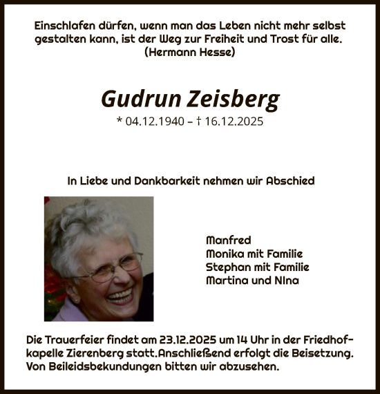Traueranzeige von Gudrun Zeisberg von HNA