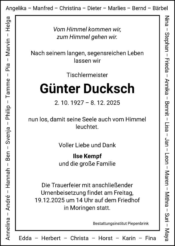  Traueranzeige für Günter Ducksch vom 13.12.2025 aus HNA